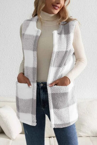 Shop Sherpa Plaid Open Front Vest Coat Now On Klozey Store - Trendy U.S. Premium Women Apparel & Accessories And Be Up-To-Fashion!