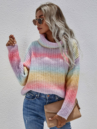 Shop Rainbow Rib-Knit Turtleneck Drop Shoulder Sweater Now On Klozey Store - U.S. Fashion And Be Up-To-Fashion!