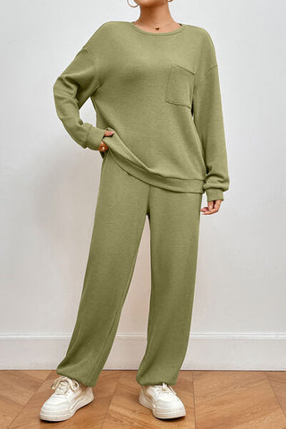 Shop Pocketed Round Neck Top and Pants Lounge Set Now On Klozey Store - U.S. Fashion And Be Up-To-Fashion!