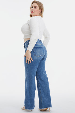 Shop BAYEAS Full Size High Waist Button-Fly Raw Hem Wide Leg Jeans Now On Klozey Store - Trendy U.S. Premium Women Apparel & Accessories And Be Up-To-Fashion!