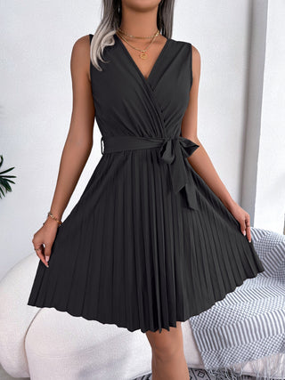 Shop Tied Surplice Sleeveless Pleated Dress Now On Klozey Store - Trendy U.S. Premium Women Apparel & Accessories And Be Up-To-Fashion!