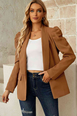 Shop Double Take Puff Sleeve Shawl Collar Blazer Now On Klozey Store - Trendy U.S. Premium Women Apparel & Accessories And Be Up-To-Fashion!