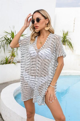 Shop Openwork V-Neck Short Sleeve Cover Up Now On Klozey Store - Trendy U.S. Premium Women Apparel & Accessories And Be Up-To-Fashion!