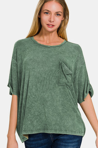 Shop Zenana Ribbed Round Neck Drop Shoulder T-Shirt Now On Klozey Store - Trendy U.S. Premium Women Apparel & Accessories And Be Up-To-Fashion!