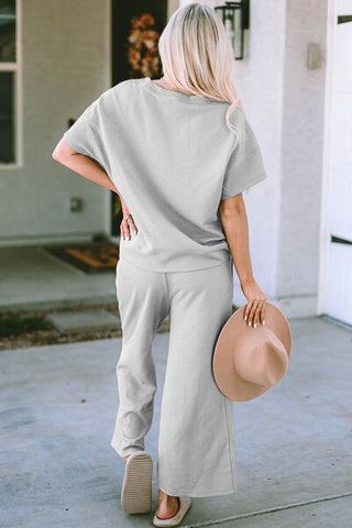 Shop Double Take Full Size Texture Short Sleeve Top and Pants Set Now On Klozey Store - Trendy U.S. Premium Women Apparel & Accessories And Be Up-To-Fashion!