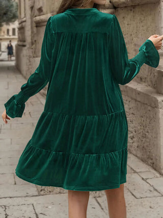 Shop Notched Long Sleeve Tiered Dress Now On Klozey Store - U.S. Fashion And Be Up-To-Fashion!