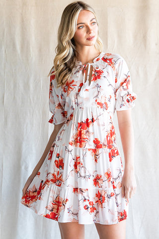 Shop Floral Tie Neck Flounce Sleeve Tiered Mini Dress Now On Klozey Store - Trendy U.S. Premium Women Apparel & Accessories And Be Up-To-Fashion!