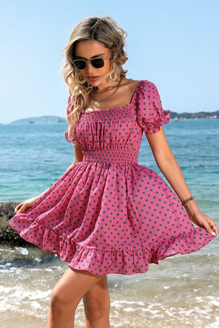 Shop Polka Dot Square Neck Smocked Waist Dress Now On Klozey Store - Trendy U.S. Premium Women Apparel & Accessories And Be Up-To-Fashion!