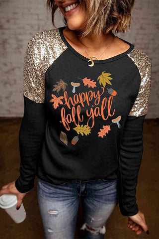 Shop HAPPY FALL Y'ALL Graphic Sequin T-Shirt Now On Klozey Store - Trendy U.S. Premium Women Apparel & Accessories And Be Up-To-Fashion!