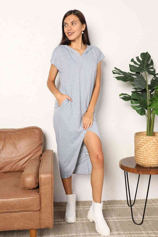 Shop Double Take Short Sleeve Front Slit Hooded Dress Now On Klozey Store - Trendy U.S. Premium Women Apparel & Accessories And Be Up-To-Fashion!
