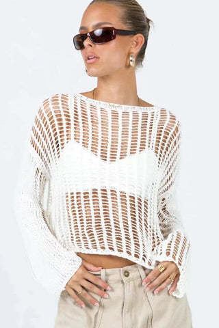 Shop Openwork Boat Neck Long Sleeve Cover Up Now On Klozey Store - Trendy U.S. Premium Women Apparel & Accessories And Be Up-To-Fashion!