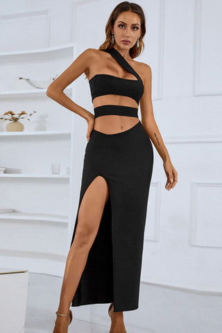 Shop One-Shoulder Cutout Front Split Maxi Dress Now On Klozey Store - Trendy U.S. Premium Women Apparel & Accessories And Be Up-To-Fashion!