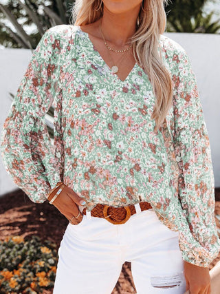 Shop Floral Notched Balloon Sleeve Blouse Now On Klozey Store - Trendy U.S. Premium Women Apparel & Accessories And Be Up-To-Fashion!