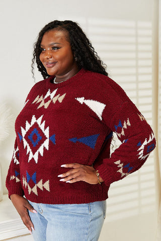 Shop HEYSON Full Size Aztec Soft Fuzzy Sweater Now On Klozey Store - U.S. Fashion And Be Up-To-Fashion!