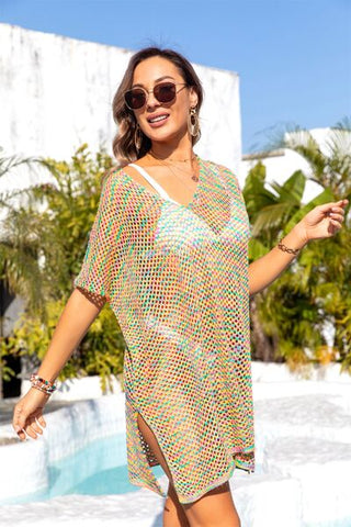Shop Slit Openwork V-Neck Short Sleeve Cover Up Now On Klozey Store - Trendy U.S. Premium Women Apparel & Accessories And Be Up-To-Fashion!