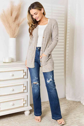 Shop Double Take Ribbed Button-Up Cardigan with Pockets Now On Klozey Store - Trendy U.S. Premium Women Apparel & Accessories And Be Up-To-Fashion!