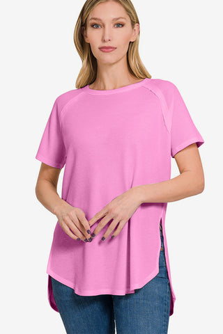 Shop Zenana Slit Round Neck Short Sleeve Waffle Top Now On Klozey Store - Trendy U.S. Premium Women Apparel & Accessories And Be Up-To-Fashion!
