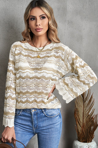 Shop Wavy Stripe Scalloped Hem Openwork Knit Top Now On Klozey Store - Trendy U.S. Premium Women Apparel & Accessories And Be Up-To-Fashion!