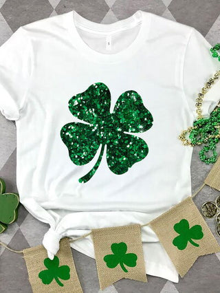 Shop Lucky Clover Sequin Round Neck T-Shirt Now On Klozey Store - Trendy U.S. Premium Women Apparel & Accessories And Be Up-To-Fashion!