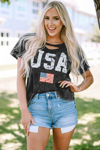 Shop USA Cutout Round Neck Short Sleeve T-Shirt Now On Klozey Store - U.S. Fashion And Be Up-To-Fashion!