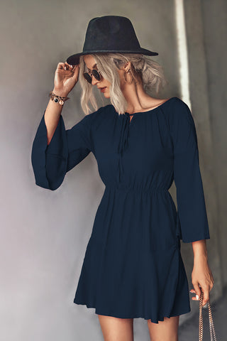 Shop Tie Neck Flare Sleeve Mini Dress Now On Klozey Store - Trendy U.S. Premium Women Apparel & Accessories And Be Up-To-Fashion!