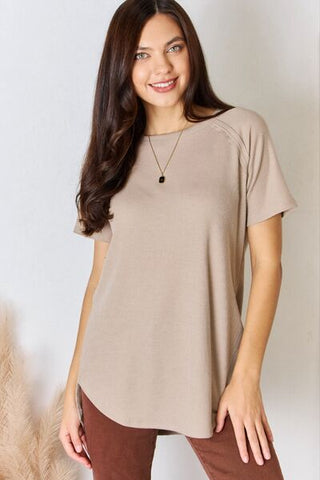 Shop Zenana Baby Waffle Short Sleeve Slit High-Low T-Shirt Now On Klozey Store - Trendy U.S. Premium Women Apparel & Accessories And Be Up-To-Fashion!