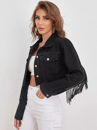 Shop Fringe Detail Collared Neck Cropped Denim Jacket Now On Klozey Store - Trendy U.S. Premium Women Apparel & Accessories And Be Up-To-Fashion!