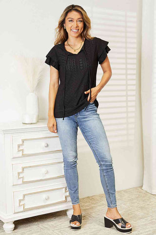 Shop Double Take Eyelet Tie-Neck Flutter Sleeve Blouse Now On Klozey Store - Trendy U.S. Premium Women Apparel & Accessories And Be Up-To-Fashion!