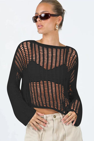 Shop Openwork Boat Neck Long Sleeve Cover Up Now On Klozey Store - Trendy U.S. Premium Women Apparel & Accessories And Be Up-To-Fashion!
