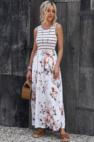 Shop Striped Floral Round Neck Sleeveless Maxi Dress Now On Klozey Store - Trendy U.S. Premium Women Apparel & Accessories And Be Up-To-Fashion!