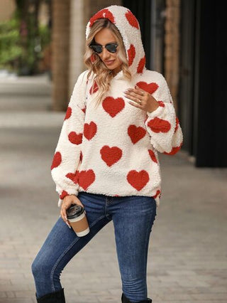 Shop Fuzzy Heart Pocketed Dropped Shoulder Hoodie Now On Klozey Store - Trendy U.S. Premium Women Apparel & Accessories And Be Up-To-Fashion!