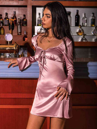 Shop Tied Sweetheart Neck Long Sleeve Night Dress Now On Klozey Store - Trendy U.S. Premium Women Apparel & Accessories And Be Up-To-Fashion!