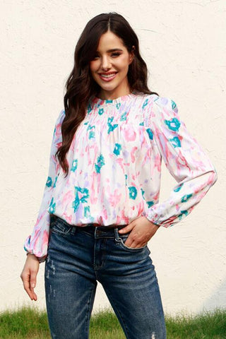 Shop Floral Smocked Balloon Sleeve Round Neck Blouse Now On Klozey Store - Trendy U.S. Premium Women Apparel & Accessories And Be Up-To-Fashion!