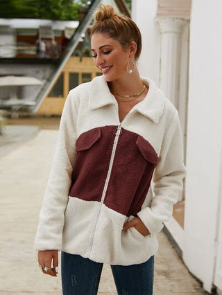 Shop Plush Contrast Zip Up Coat Now On Klozey Store - Trendy U.S. Premium Women Apparel & Accessories And Be Up-To-Fashion!