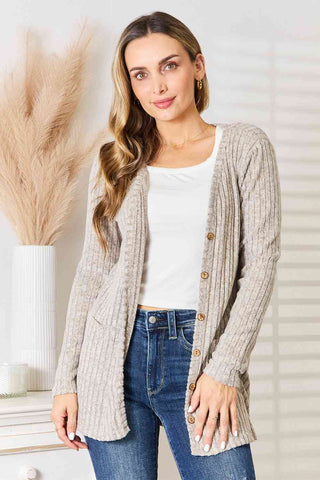 Shop Double Take Ribbed Button-Up Cardigan with Pockets Now On Klozey Store - Trendy U.S. Premium Women Apparel & Accessories And Be Up-To-Fashion!