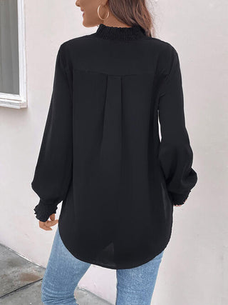 Shop Smocked Notched Long Sleeve Blouse Now On Klozey Store - Trendy U.S. Premium Women Apparel & Accessories And Be Up-To-Fashion!