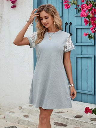 Shop Openwork Round Neck Short Sleeve Dress Now On Klozey Store - Trendy U.S. Premium Women Apparel & Accessories And Be Up-To-Fashion!