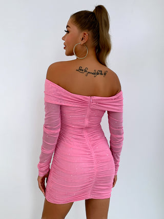 Shop Glitter Ruched Off-Shoulder Long Sleeve Bodycon Dress Now On Klozey Store - U.S. Fashion And Be Up-To-Fashion!