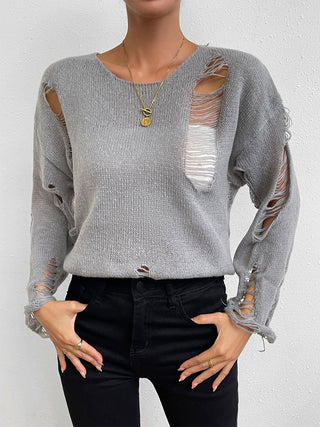 Shop Distressed Round Neck Knit Top Now On Klozey Store - Trendy U.S. Premium Women Apparel & Accessories And Be Up-To-Fashion!