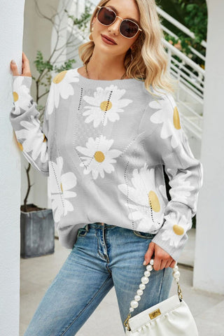 Shop Daisy Print Openwork Round Neck Sweater Now On Klozey Store - Trendy U.S. Premium Women Apparel & Accessories And Be Up-To-Fashion!