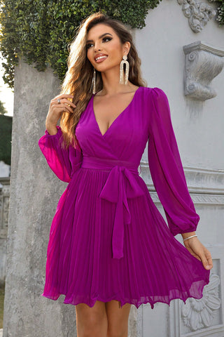 Shop Tied Surplice Neck Pleated Dress Now On Klozey Store - Trendy U.S. Premium Women Apparel & Accessories And Be Up-To-Fashion!