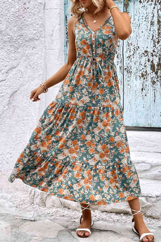 Shop Floral V-Neck Tiered Sleeveless Dress Now On Klozey Store - U.S. Fashion And Be Up-To-Fashion!