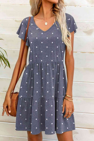 Shop Polka Dot V-Neck Flutter Sleeve Mini Dress Now On Klozey Store - Trendy U.S. Premium Women Apparel & Accessories And Be Up-To-Fashion!