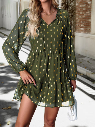 Shop Tie Neck Long Sleeve Polka Dot Dress Now On Klozey Store - Trendy U.S. Premium Women Apparel & Accessories And Be Up-To-Fashion!
