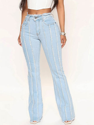 Shop Striped Raw Hem Jeans Now On Klozey Store - Trendy U.S. Premium Women Apparel & Accessories And Be Up-To-Fashion!