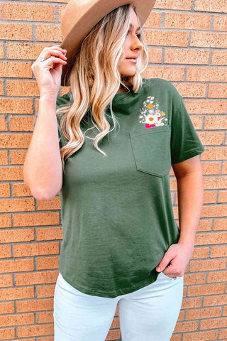 Shop Graphic Round Neck Pocket Tee Now On Klozey Store - Trendy U.S. Premium Women Apparel & Accessories And Be Up-To-Fashion!
