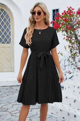 Shop Pleated Tie Waist Short Sleeve Dress Now On Klozey Store - U.S. Fashion And Be Up-To-Fashion!