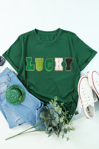 Shop LUCKY Round Neck Short Sleeve T-Shirt Now On Klozey Store - Trendy U.S. Premium Women Apparel & Accessories And Be Up-To-Fashion!