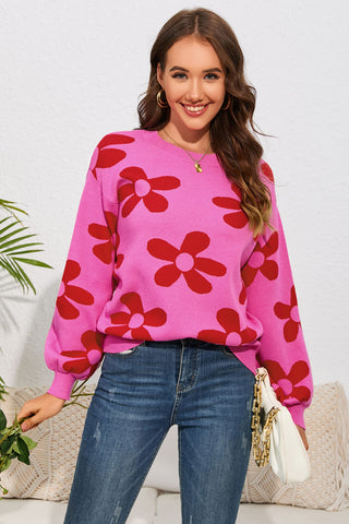 Shop Floral Print Round Neck Dropped Shoulder Sweater Now On Klozey Store - Trendy U.S. Premium Women Apparel & Accessories And Be Up-To-Fashion!