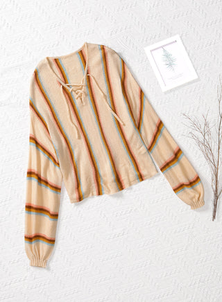 Shop Striped Lace-Up Knit Top Now On Klozey Store - U.S. Fashion And Be Up-To-Fashion!